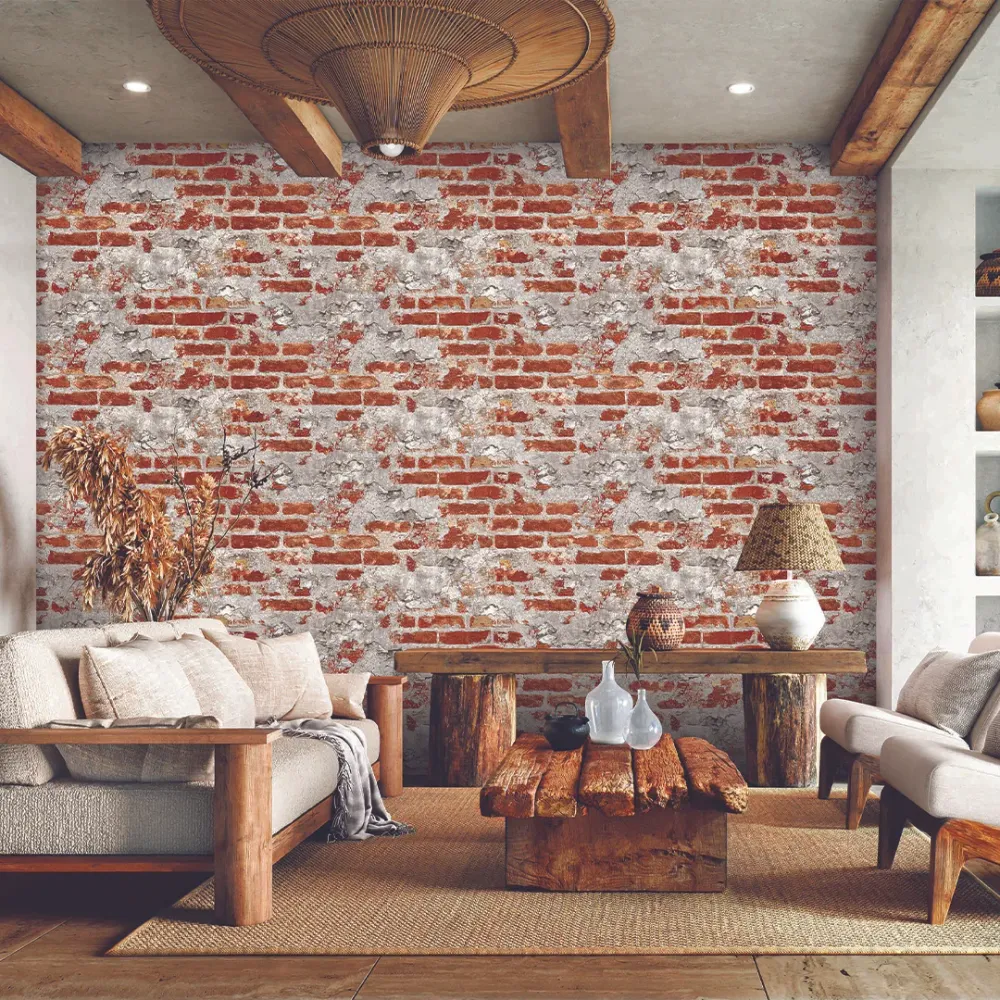 Rustic Exposed Brick & Concrete Floral Texture Wallpaper