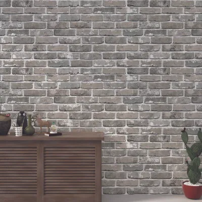 Vintage Grey Brick Textured Wallpaper – Multi-Tone Rustic Elegance