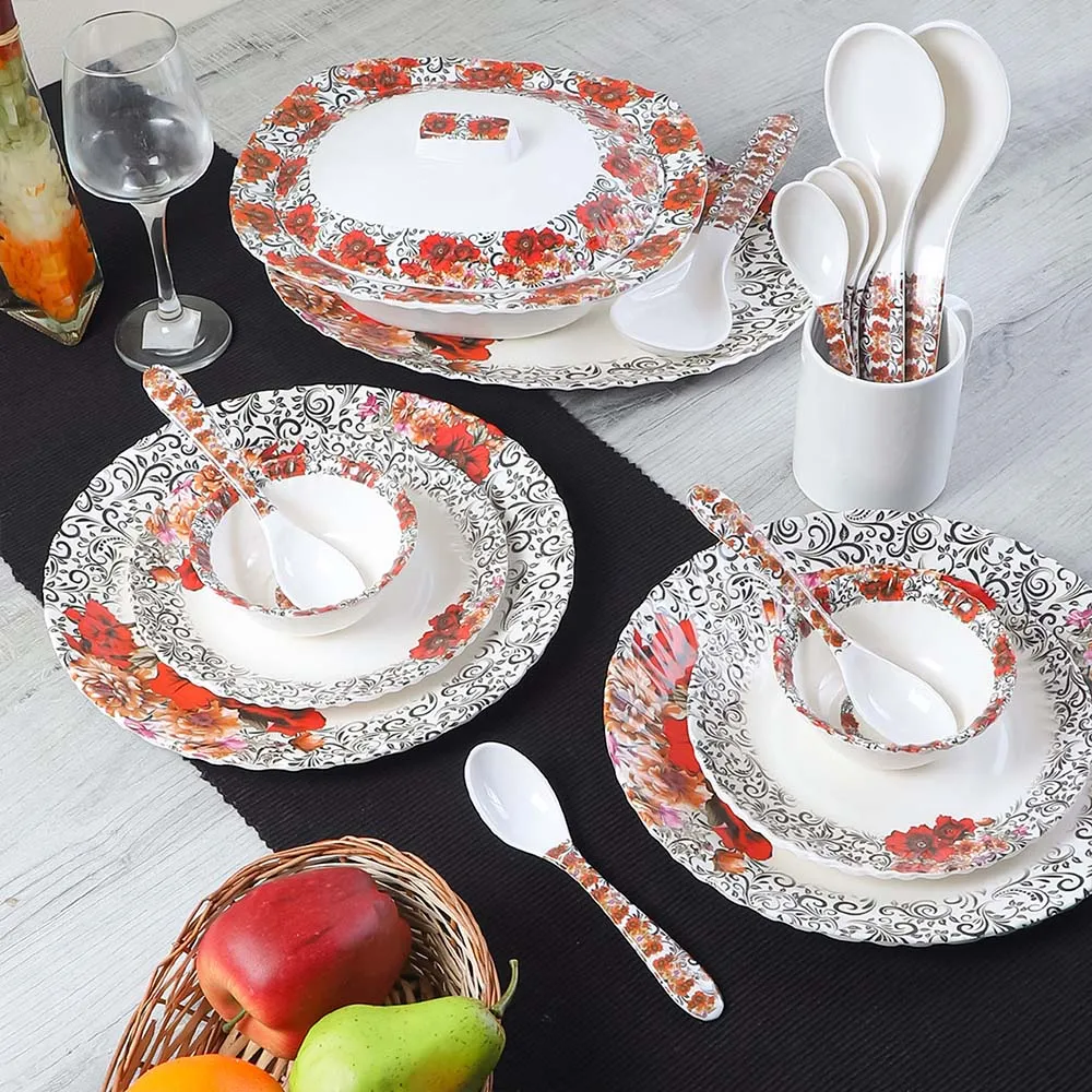 40 Pieces Modish White & Red Floral Printed Premium Melamine Glossy Dinner Set