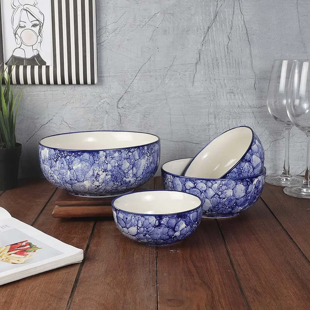 Abstract Designer Blue Ceramic Bowls Set Of 4