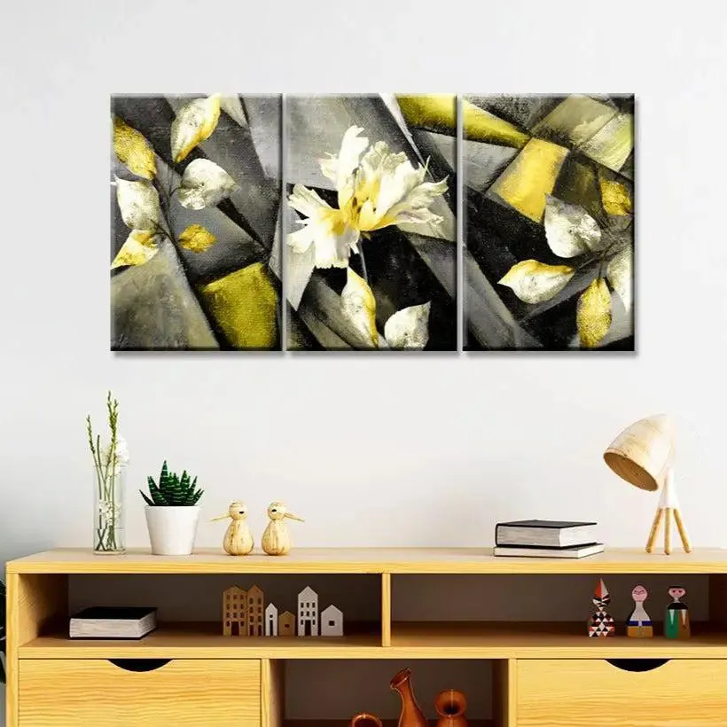 Abstract Stylized triptych with flower, leaves 3 Pieces Abstract Design Canvas Printed Painting