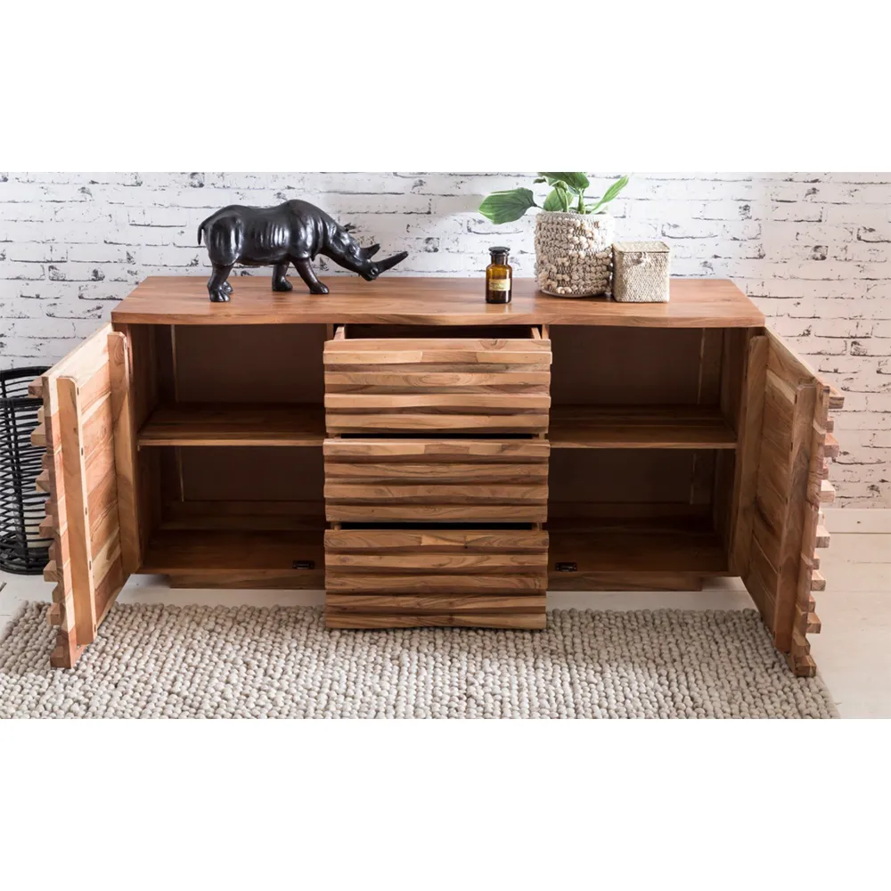 Acacia Wood Horizontal Patterned Side Board / Cabinet