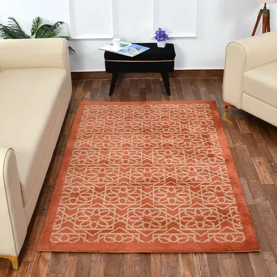 Aesthetic Orange and Beige Geometric Print Hand Tufted Polyester Carpet