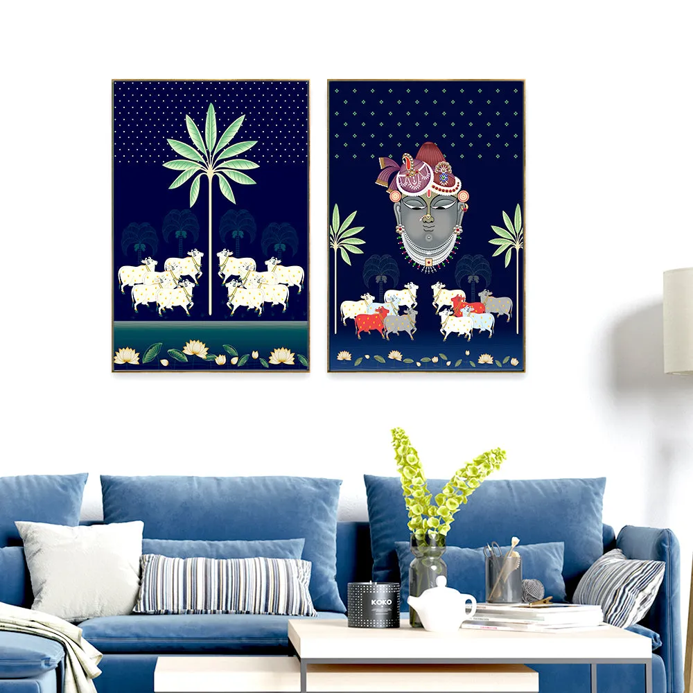 Aesthetic Pichwai Krishna Art Wall Frame Set of 3