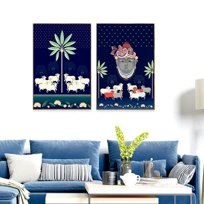 Aesthetic Pichwai Krishna Art Wall Frame Set of 3