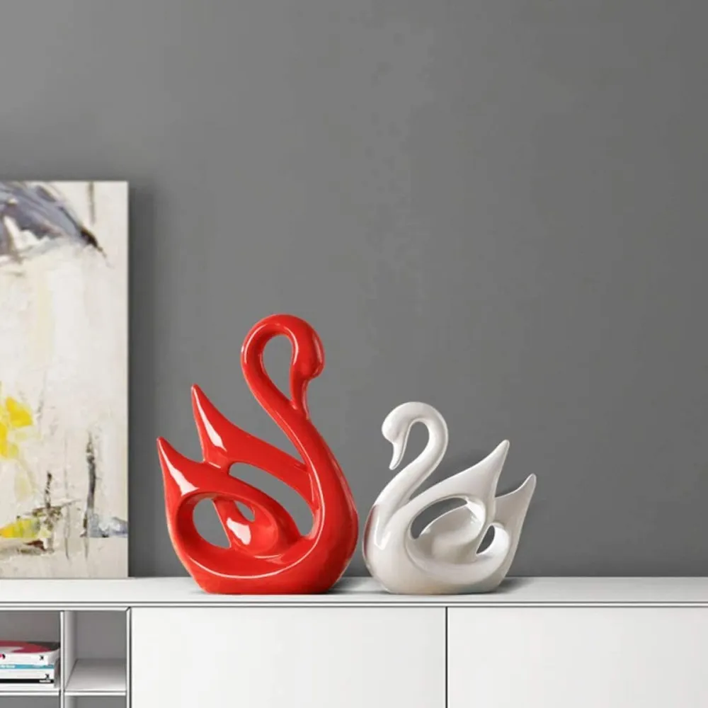 Aesthetic Swan Polyresin Table Accents for Decoration (White & Red)