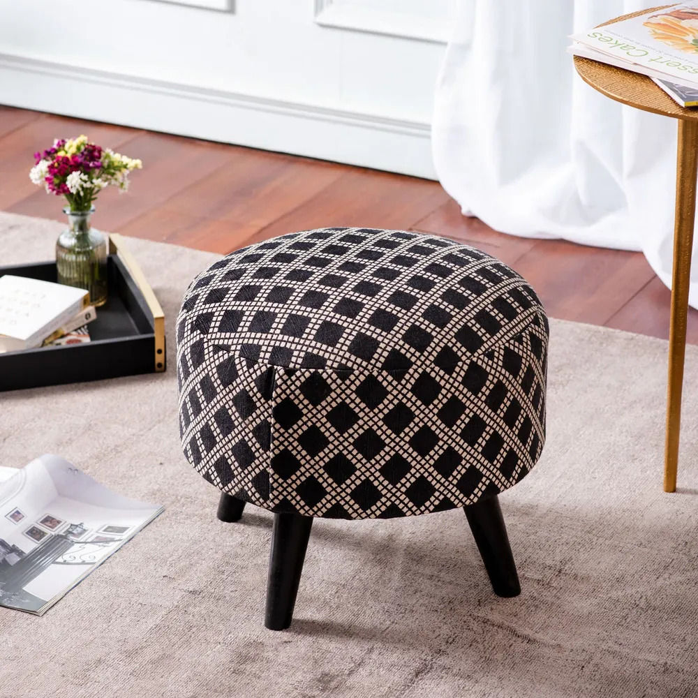 Alluring Print Grey and Black Woven Jacquard Cotton Ottoman Wood Stool Set Of 2