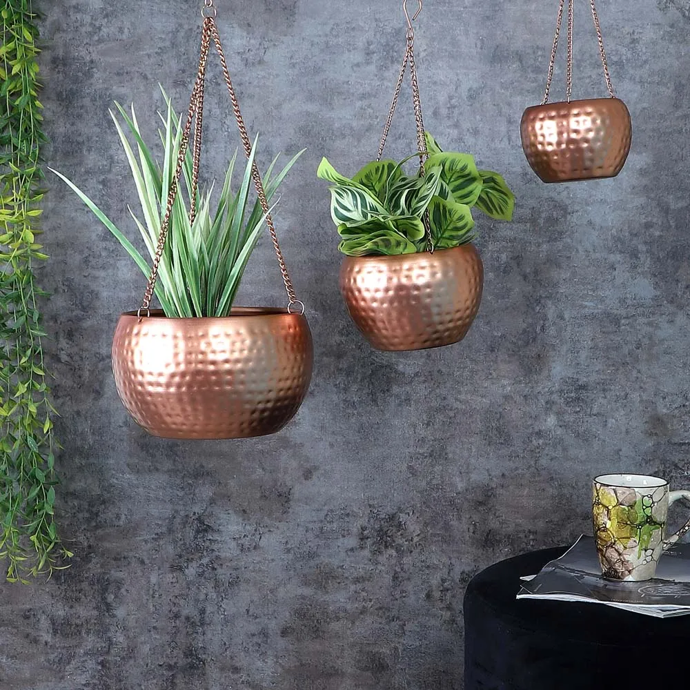 Ancient Motif Hammered Copper Hanging Planter Set Of 3