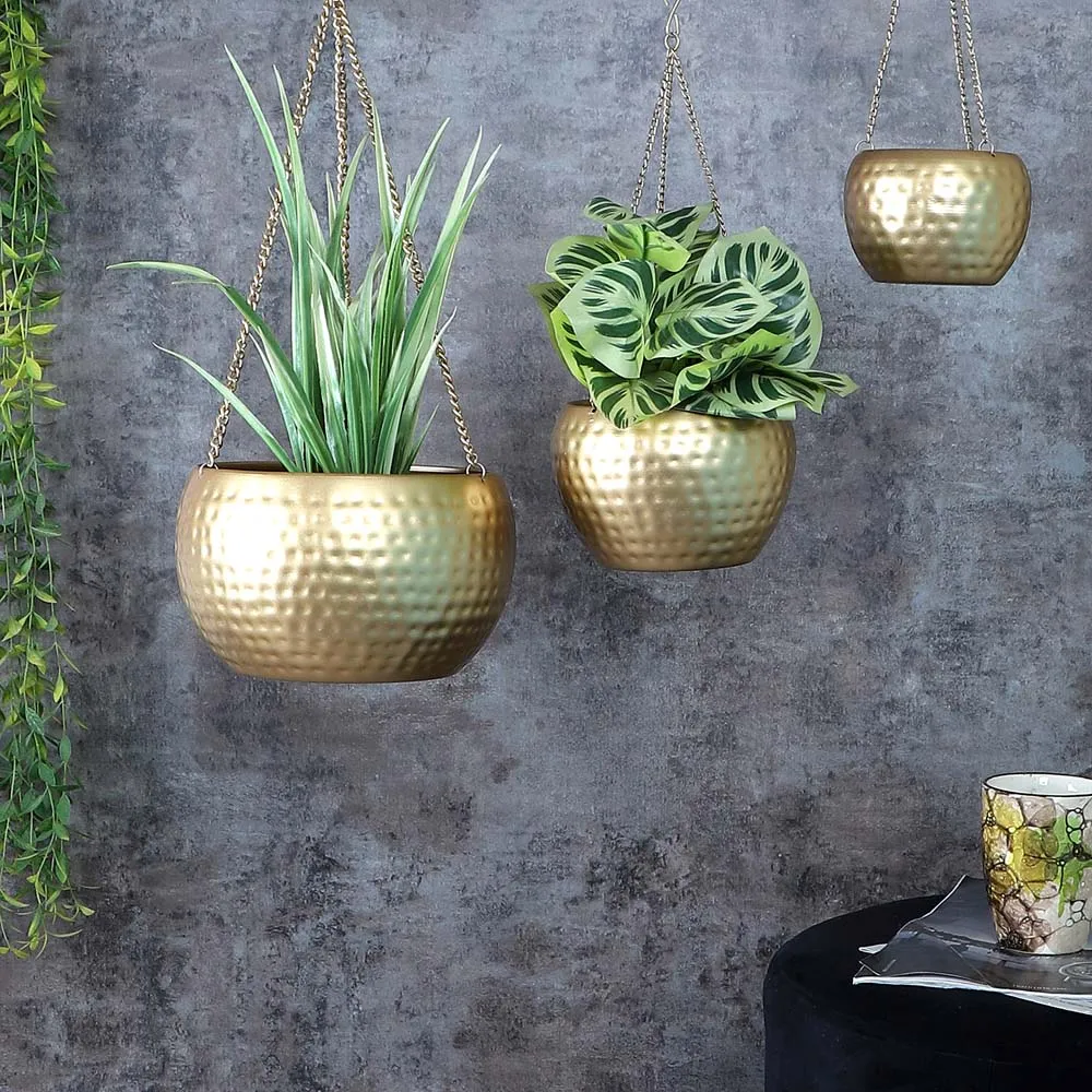 Ancient Motif Hammered Golden Hanging Planter Set Of 3