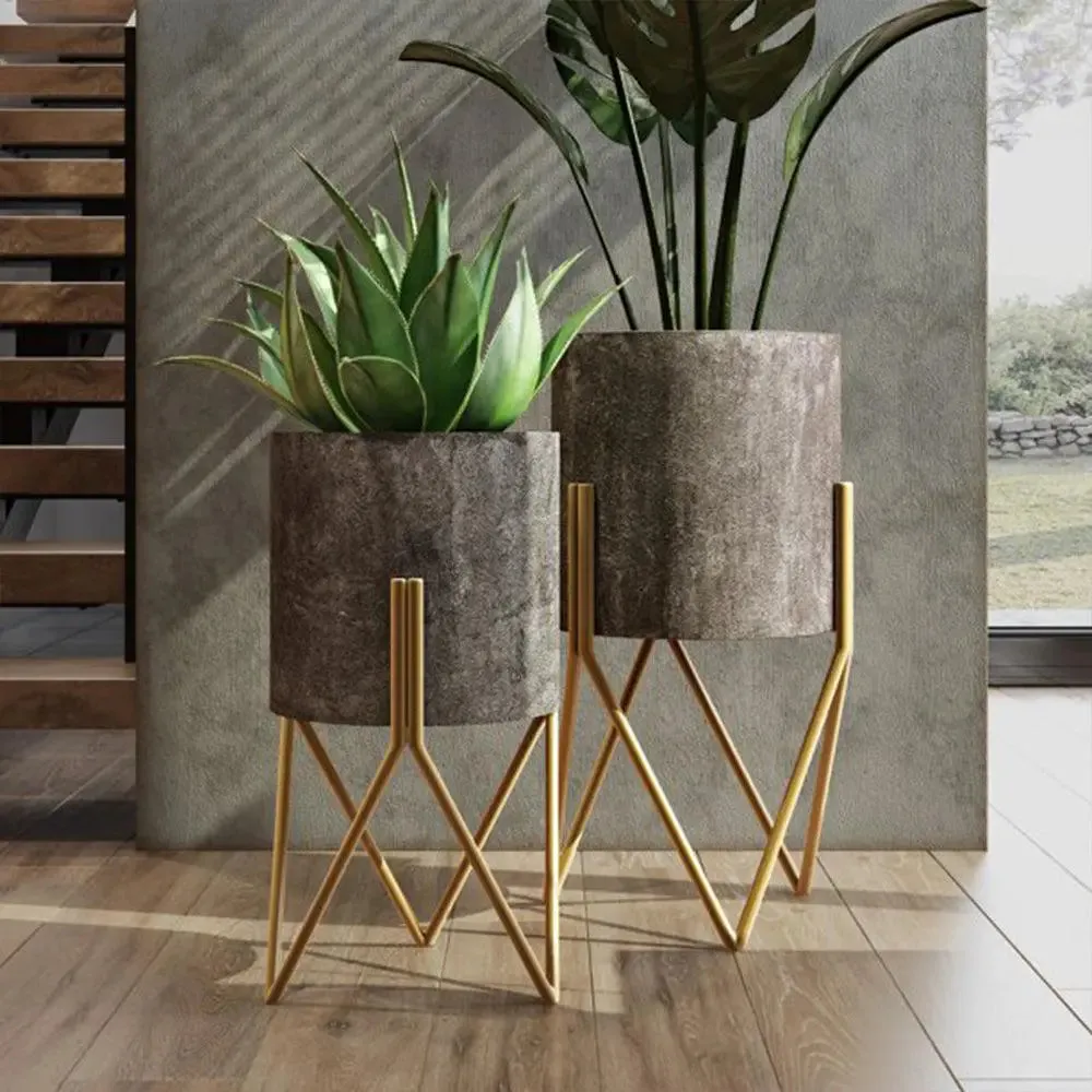 Antique Brown Wire Planter Pots with Stands (Set of 2)