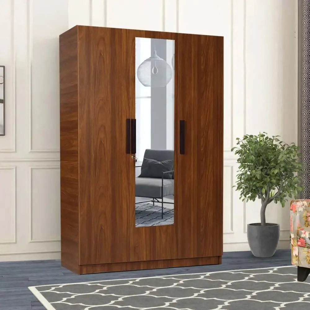 Bali Teak Engineered Wood 3 Door Wardrobe With Drawers & Mirror