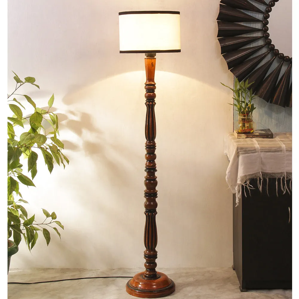 Baluster Designer Wooden Carving Floor Lamp With Drum Shade