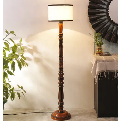 Baluster Designer Wooden Carving Floor Lamp With Drum Shade