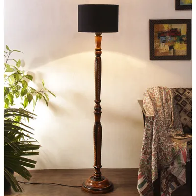 Baluster Designer Wooden Carving Floor Lamp With Drum Shade