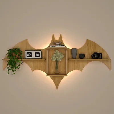 Bat Shape Wood Wall Shelf / Book Shelf / Night Light, Light Oak Finish