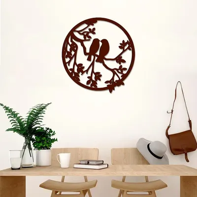 Beautiful Birds Couple on Branch in Circle Design Wooden Wall Hanging, Wooden Wall Decoration