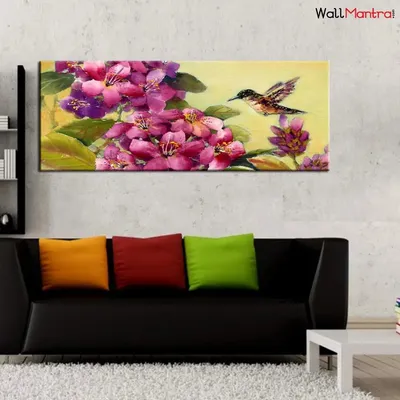Beautiful Flower Bunch and Humming Bird Canvas  Wall Painting