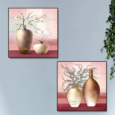 Beautiful Flowerpots Canvas Painting With Black Floating Frame Size: 30 cm (H) X 30 cm (W) Set of 2