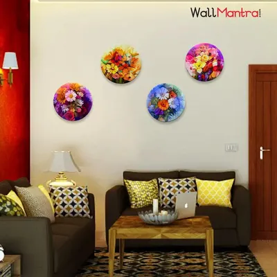 Beautiful Flowers Wall Painting With Round Shape Canvas Art - 4 Set