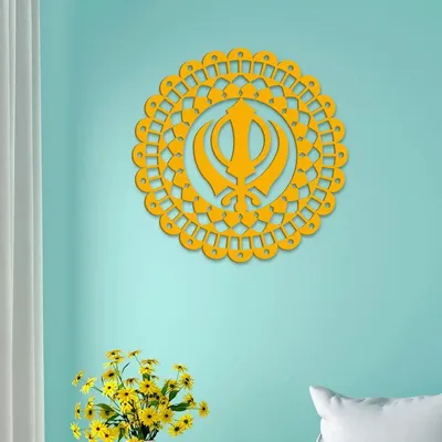 Beautiful Khanda Design in Circle Wooden Wall Hanging,  Living Room Wooden Wall Decoration