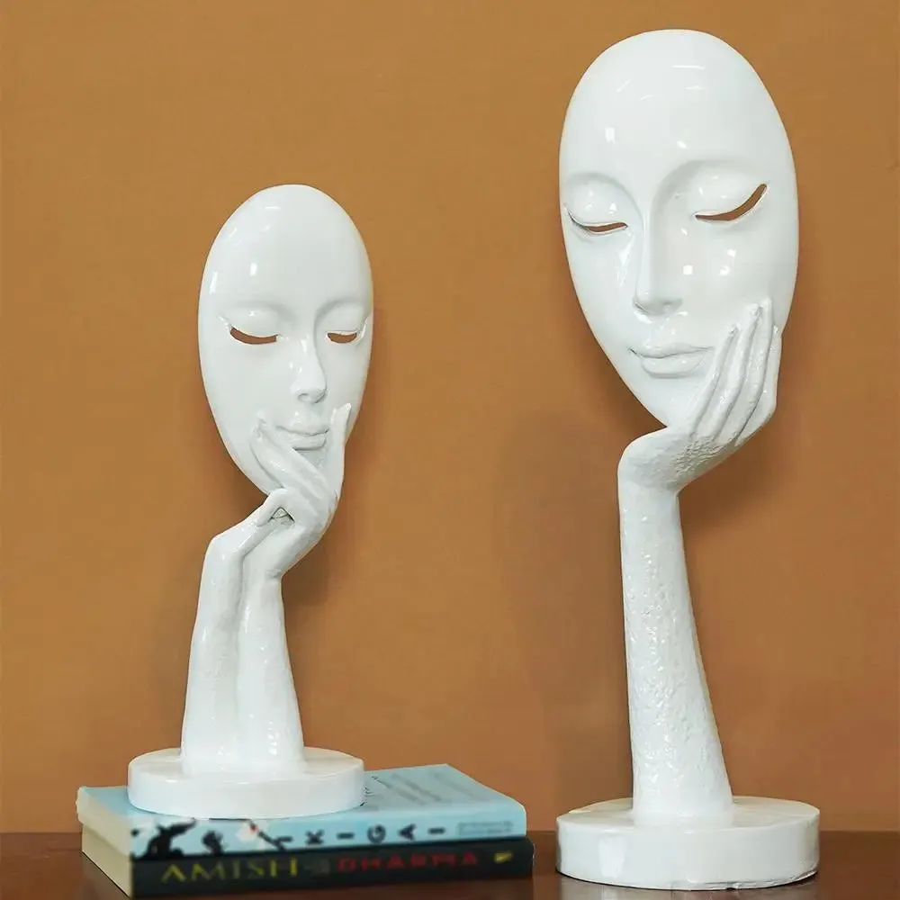 Beautiful Pair of Face Thinker Lady Statue Table Decor White Color