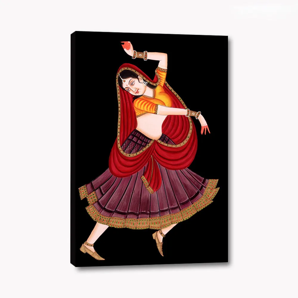 Beautiful Rajasthani Lady Painting in Dancing Pose/ Canvas Printed 1 Piece  Stretched on Wooden Bars
