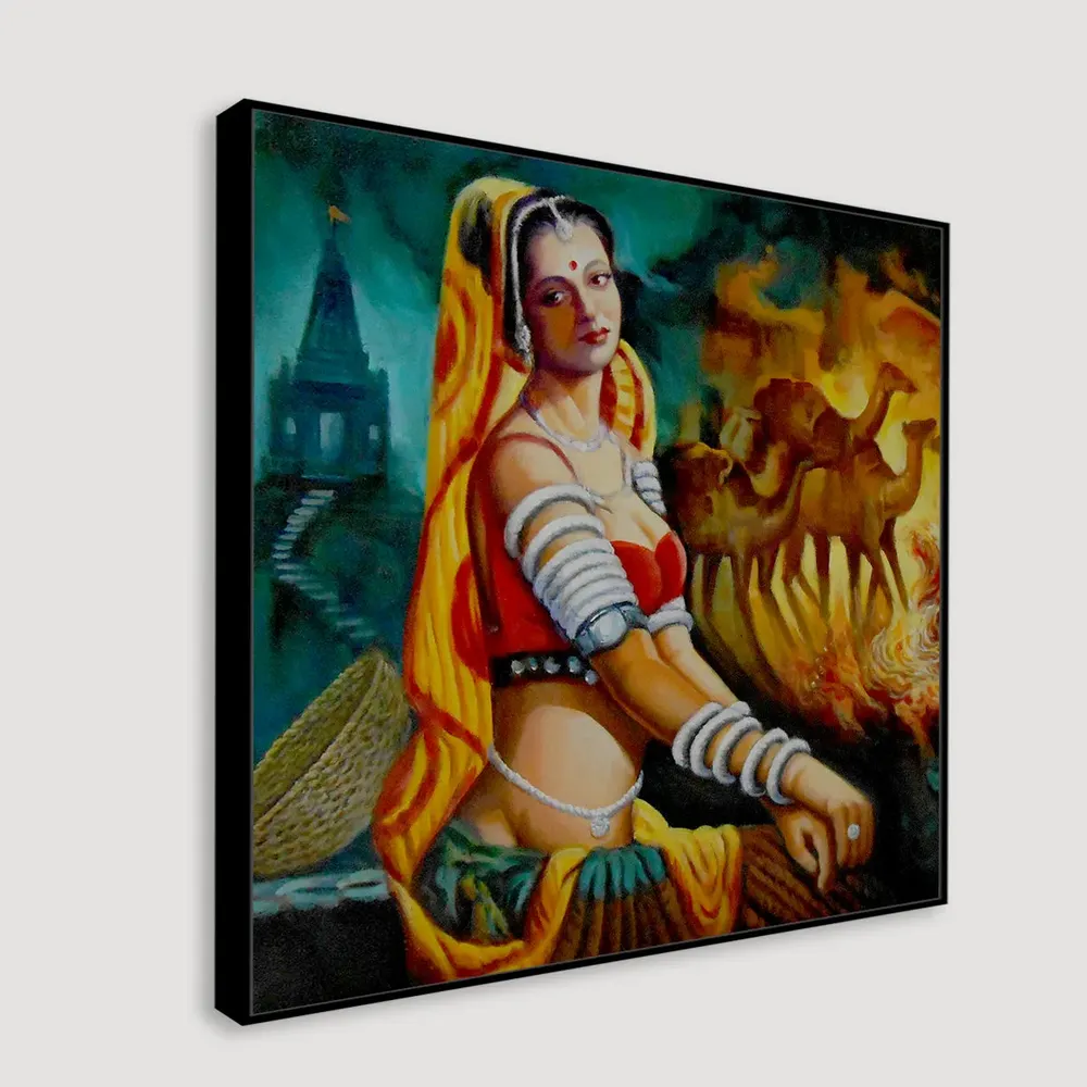 Beautiful Rajasthani Lady with camel Canvas Printed  1 Pieces  with Wooden Framed