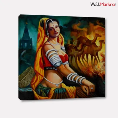 Beautiful Rajasthani Lady with camel Canvas Printed  1 Pieces  with Wooden Framed