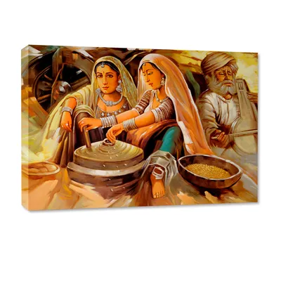 Beautiful Rajasthani Painting -Two Working Village Woman Canvas on Wooden Framed