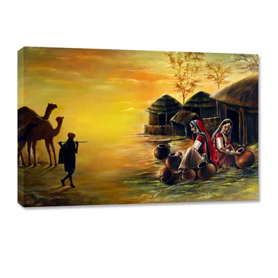 Beautiful Rajasthani Village Painting Canvas Printed Painting Wall on Wooden Bars