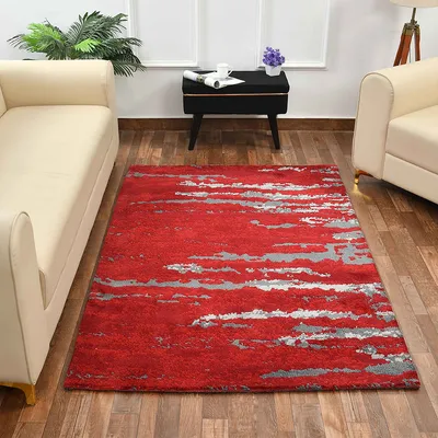 Beautiful Red and Grey Abstract Print Polyester Carpet for Living Room