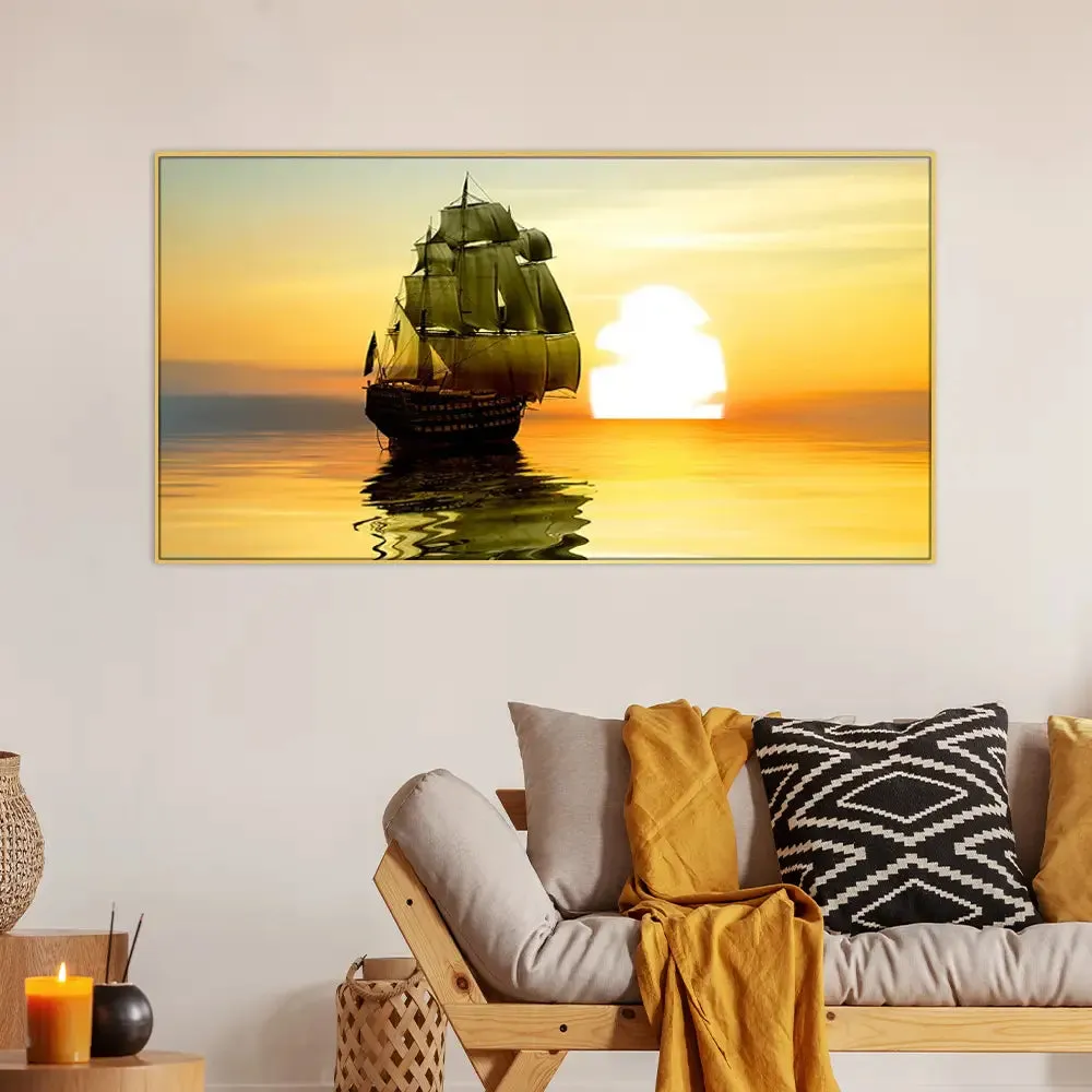 Beautiful Sailing Ship With Sunset Scenery Canvas Big Panoramic Wall Hanging
