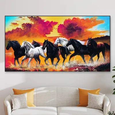 Beautiful Seven Running Black &amp; White Horses Canvas Wall Painting