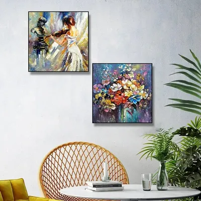 Beautiful Violin Girl With Flowers Canvas Painting With Black Floating Frame Size: 30 cm (H) X 30 cm (W) Set of 2