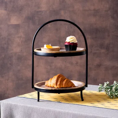 Beige and Brown Plated 2 Tier Metal Buffet Organizer