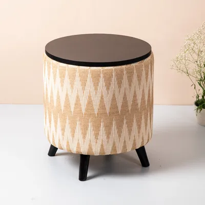 Beige and Cream Ikat Print Woven Jacquard Storage Ottoman Wood Stool