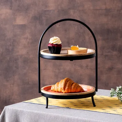 Beige and Orange Plated 2 Tier Metal Buffet Organizer
