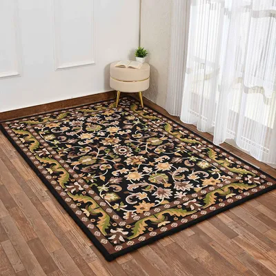 Beige & Black Traditional Print Hand Tufted Wool Carpet for Living Room