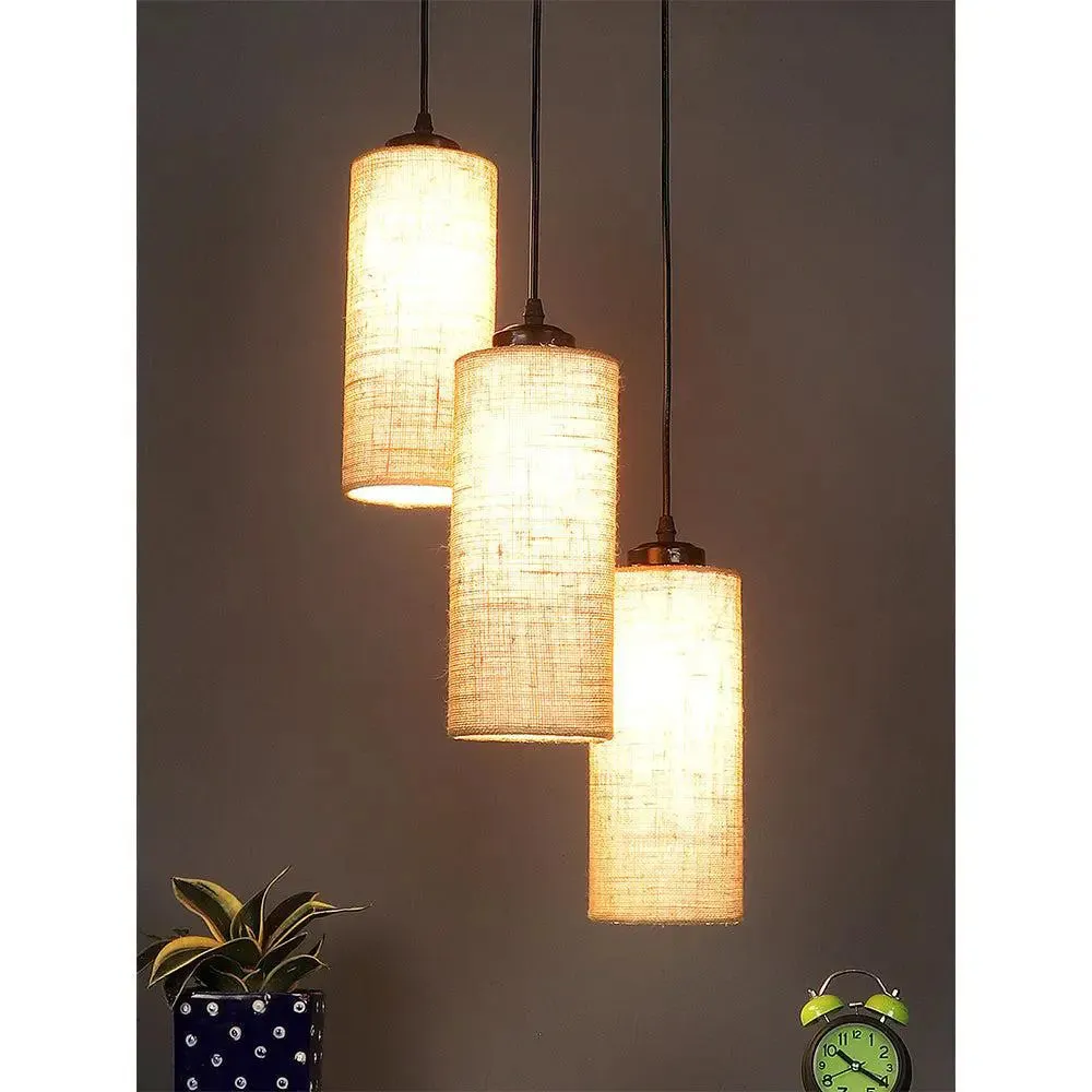 Beige Jute Cylindrical Cluster Hanging Lamp