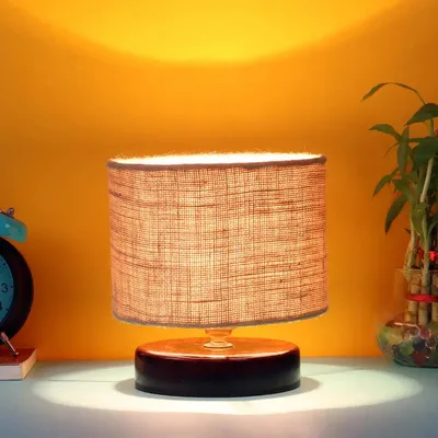 Beige Jute Table Lamp with Brown Wood Base