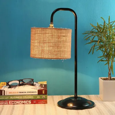 Beige Jute Table Lamp with Sleek Black Base