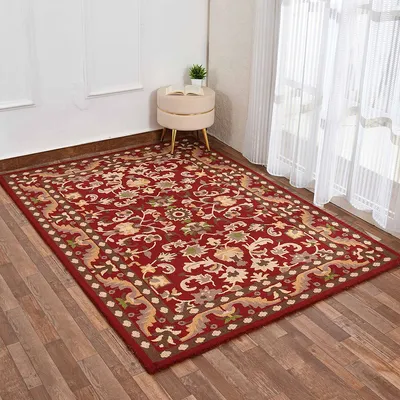 Beige & Red Traditional Print Hand Tufted Wool Carpet for Living Room