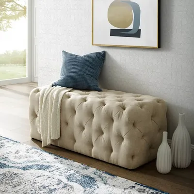 Beige Resilient & Super Soft Luxurious Tufted Velvet Upholstered Bench