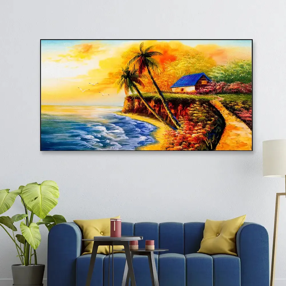 Big Panoramic Beautiful Riverside Scenery Canvas Painting