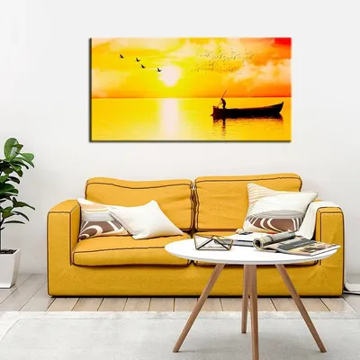Big Panoramic Beautiful Sunset Boat Rowing Canvas Painting