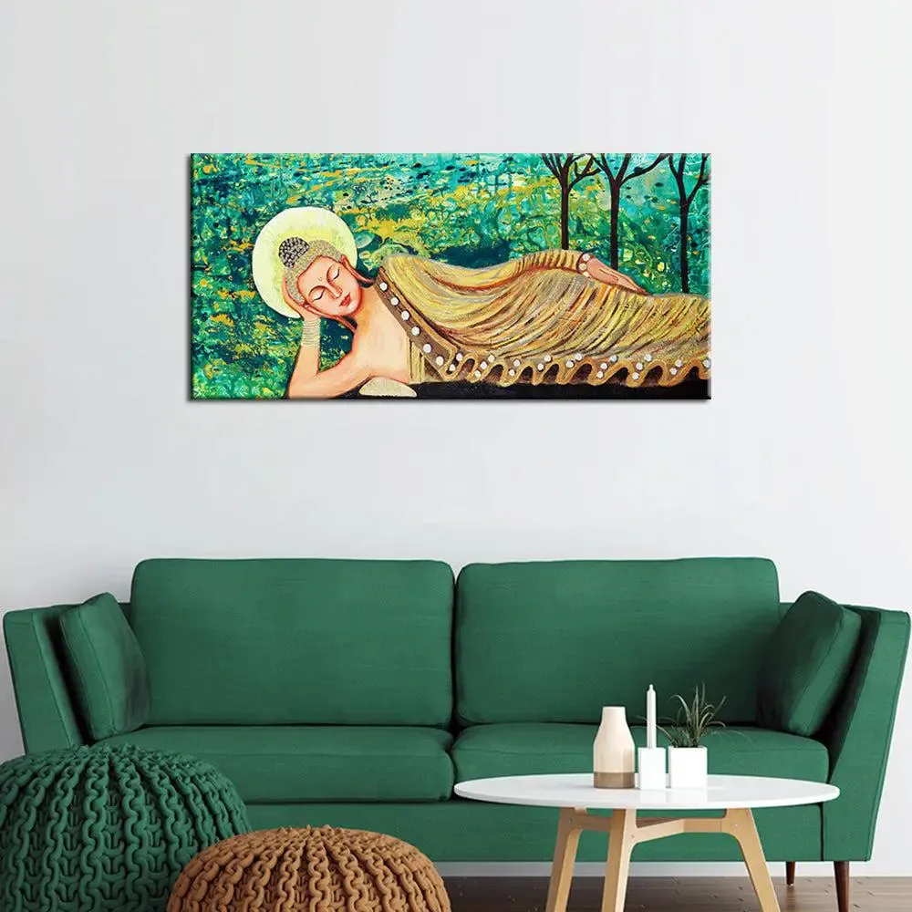 Big Panoramic Laying Peaceful Buddha Wall Painting, Canvas Wall Art