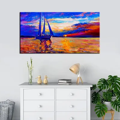 Big Panoramic Sail Ship During Sunset' Seascape  Canvas Painting