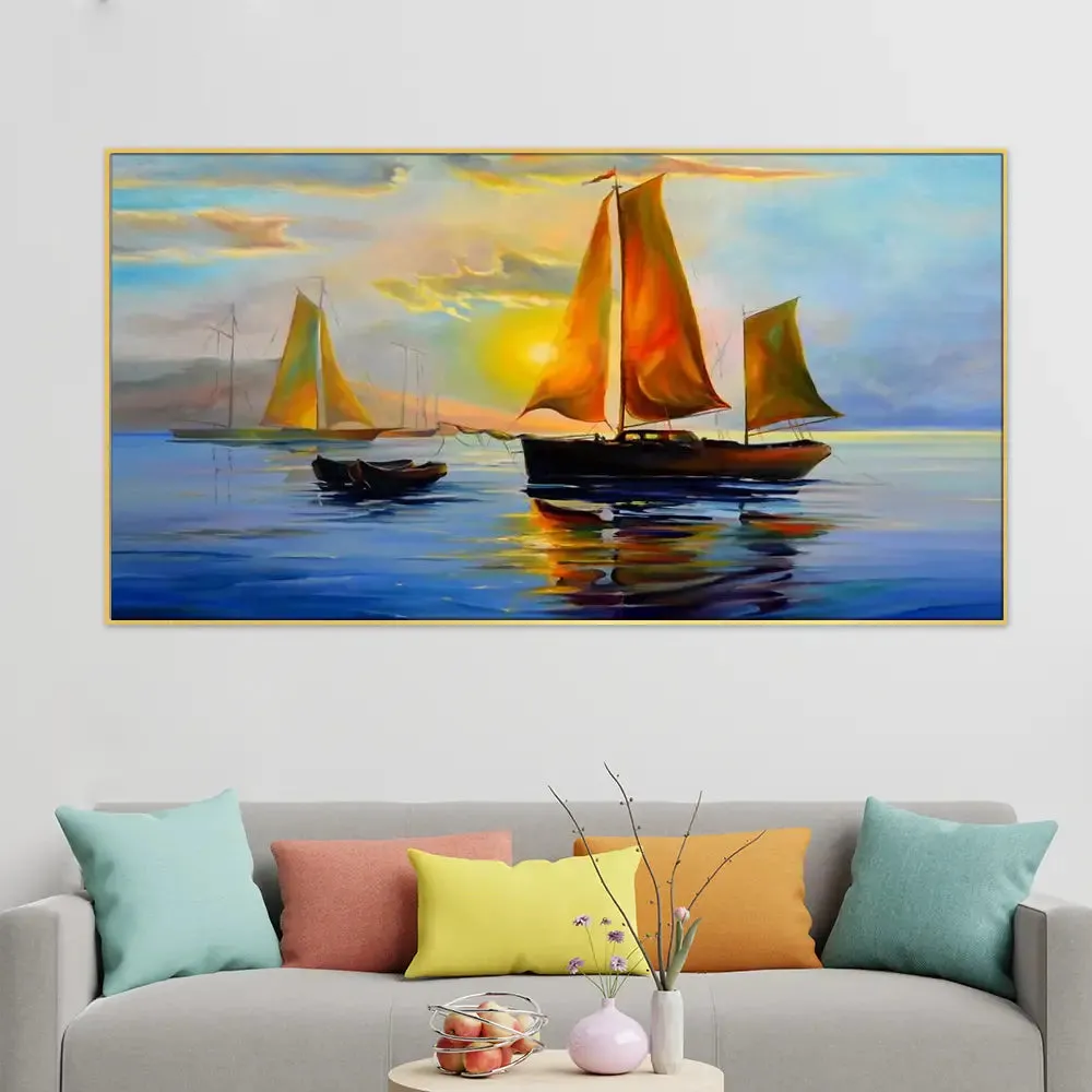 Big Panoramic Sailing ship floating on the river Canvas Painting