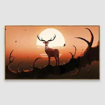 Big Panoramic The Deer On A Tree At Sunset Canvas Painting