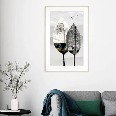Black &amp; White Autumn Leaves Premium Big Framed Art
